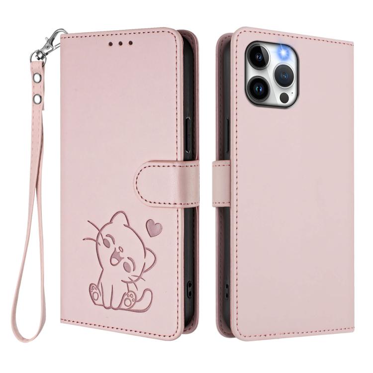 Custodia per telefono in pelle con ciondolo a forma di gatto e cuore in rilievo, completa di cinturino da polso., For iPhone 12 Pro Max, For iPhone 12 mini