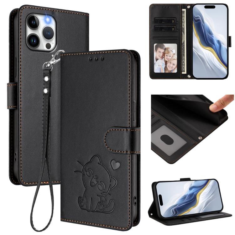 Custodia per telefono in pelle con ciondolo a forma di gatto e cuore in rilievo, completa di cinturino da polso., For iPhone 12 Pro Max, For iPhone 12 mini