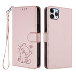 Custodia per telefono in pelle con ciondolo a forma di gatto e cuore in rilievo, completa di cinturino da polso., For iPhone 11 Pro Max, For iPhone 11