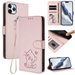 Custodia per telefono in pelle con ciondolo a forma di gatto e cuore in rilievo, completa di cinturino da polso., For iPhone 11 Pro, For iPhone X / XS