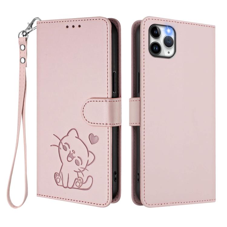 Custodia per telefono in pelle con ciondolo a forma di gatto e cuore in rilievo, completa di cinturino da polso., For iPhone 11 Pro, For iPhone X / XS