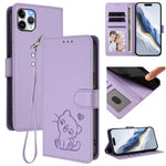 Custodia per telefono in pelle con ciondolo a forma di gatto e cuore in rilievo, completa di cinturino da polso., For iPhone 11 Pro, For iPhone X / XS