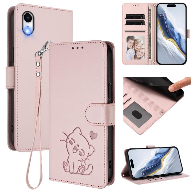 Custodia per telefono in pelle con ciondolo a forma di gatto e cuore in rilievo, completa di cinturino da polso., For iPhone XR, For iPhone XS Max