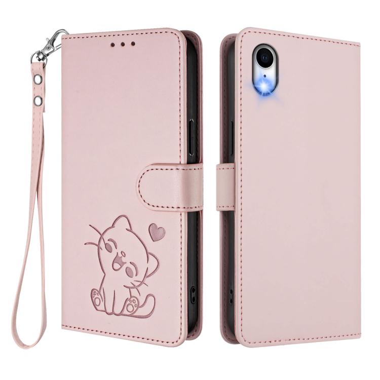 Custodia per telefono in pelle con ciondolo a forma di gatto e cuore in rilievo, completa di cinturino da polso., For iPhone XR, For iPhone XS Max