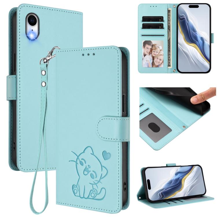 Custodia per telefono in pelle con ciondolo a forma di gatto e cuore in rilievo, completa di cinturino da polso., For iPhone XR, For iPhone XS Max