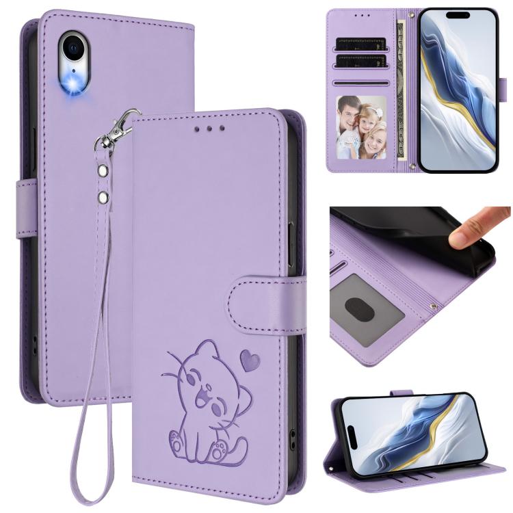 Custodia per telefono in pelle con ciondolo a forma di gatto e cuore in rilievo, completa di cinturino da polso., For iPhone XR, For iPhone XS Max