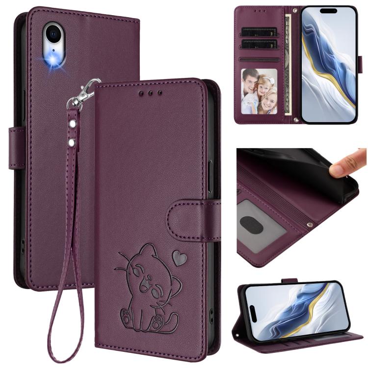Custodia per telefono in pelle con ciondolo a forma di gatto e cuore in rilievo, completa di cinturino da polso., For iPhone XR, For iPhone XS Max