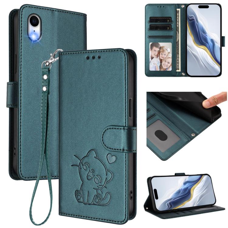 Custodia per telefono in pelle con ciondolo a forma di gatto e cuore in rilievo, completa di cinturino da polso., For iPhone XR, For iPhone XS Max