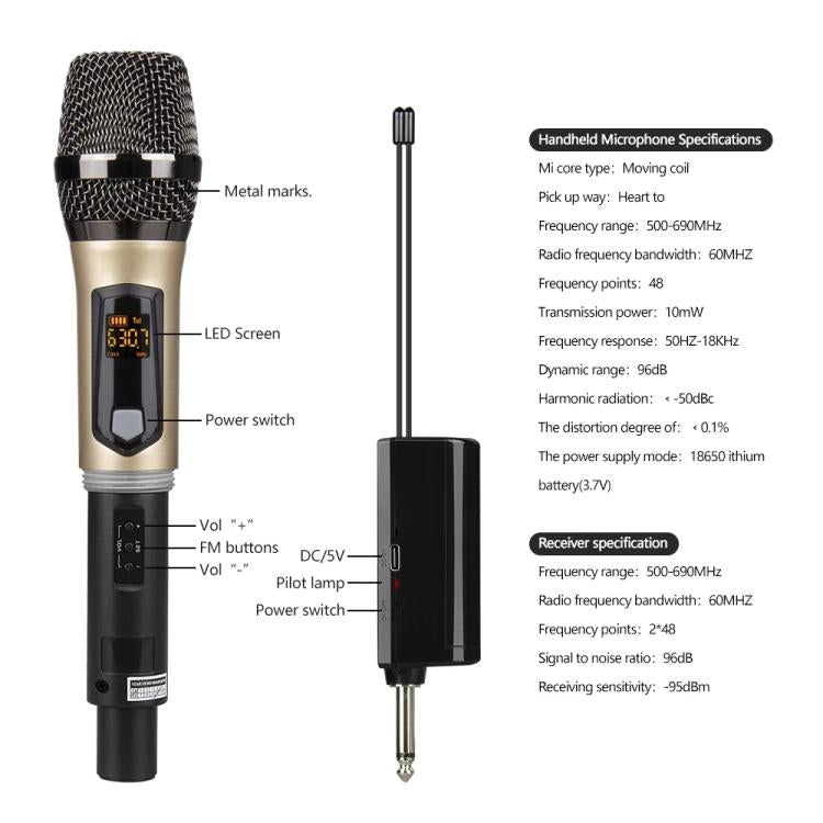 Sistema microfonico wireless ricaricabile UHF DEBRA A-25 per palcoscenici e KTV, One Mic, Two Mic