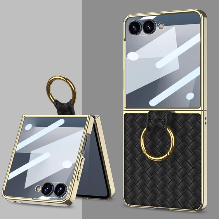 Custodia per telefono GKK con texture intrecciata e placcatura integrata, dotata di anello di supporto., For Galaxy Z Flip8 5G, For Samsung Galaxy Z Flip7 5G