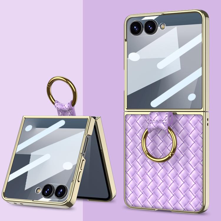 Custodia per telefono GKK con texture intrecciata e placcatura integrata, dotata di anello di supporto., For Galaxy Z Flip8 5G, For Samsung Galaxy Z Flip7 5G