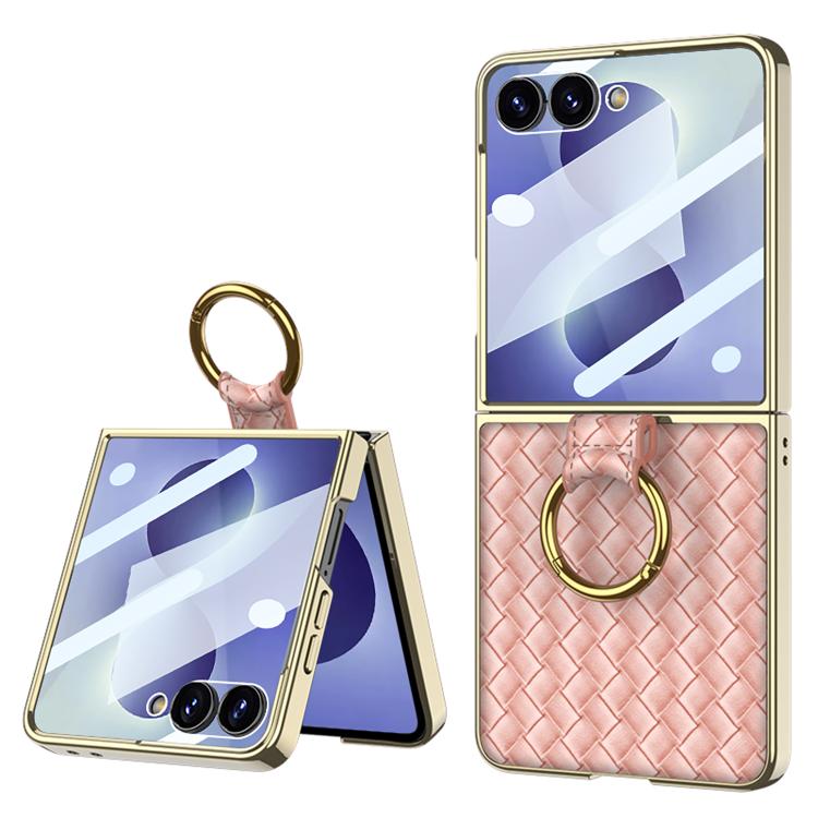 Custodia per telefono GKK con texture intrecciata e placcatura integrata, dotata di anello di supporto., For Galaxy Z Flip8 5G, For Samsung Galaxy Z Flip7 5G