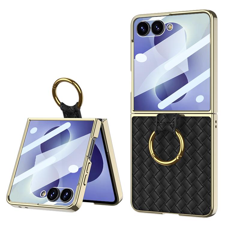 Custodia per telefono GKK con texture intrecciata e placcatura integrata, dotata di anello di supporto., For Galaxy Z Flip8 5G, For Samsung Galaxy Z Flip7 5G