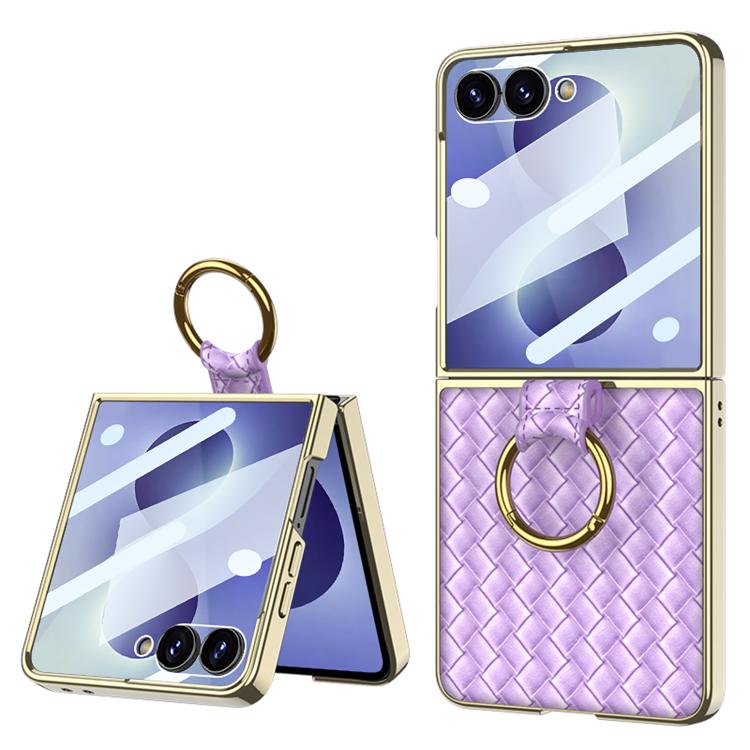Custodia per telefono GKK con texture intrecciata e placcatura integrata, dotata di anello di supporto., For Galaxy Z Flip8 5G, For Samsung Galaxy Z Flip7 5G