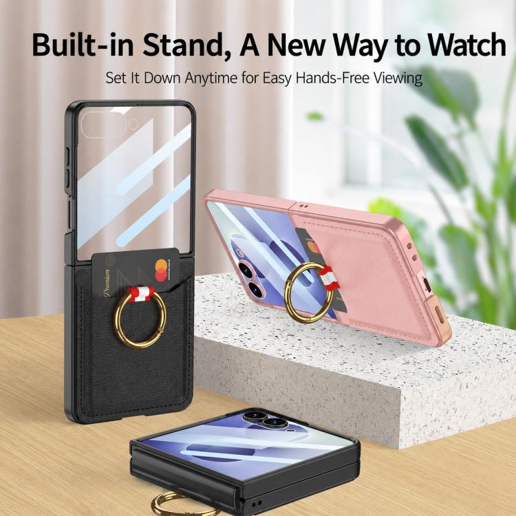 Custodia per telefono GKK ultra sottile in pelle con scomparti per carte integrati e anello di supporto, For Galaxy Z Flip8 5G, For Samsung Galaxy Z Flip7 5G