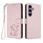 Custodia per telefono in pelle con ciondolo a forma di gatto e cuore in rilievo, completa di cinturino da polso., For Samsung Galaxy S25 / S24 5G, For Samsung Galaxy S25+ / S24+ 5G