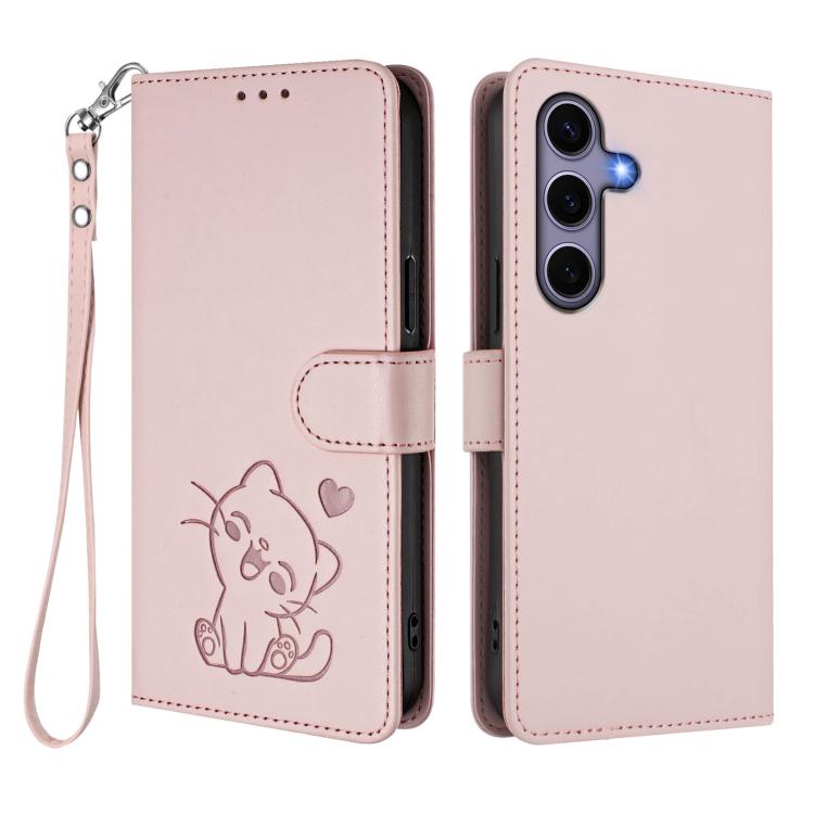 Custodia per telefono in pelle con ciondolo a forma di gatto e cuore in rilievo, completa di cinturino da polso., For Samsung Galaxy S25 / S24 5G, For Samsung Galaxy S25+ / S24+ 5G