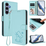 Custodia per telefono in pelle con ciondolo a forma di gatto e cuore in rilievo, completa di cinturino da polso., For Samsung Galaxy S25 / S24 5G, For Samsung Galaxy S25+ / S24+ 5G