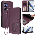 Custodia per telefono in pelle con ciondolo a forma di gatto e cuore in rilievo, completa di cinturino da polso., For Samsung Galaxy S25 / S24 5G, For Samsung Galaxy S25+ / S24+ 5G