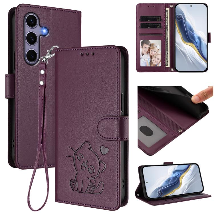 Custodia per telefono in pelle con ciondolo a forma di gatto e cuore in rilievo, completa di cinturino da polso., For Samsung Galaxy S25 / S24 5G, For Samsung Galaxy S25+ / S24+ 5G