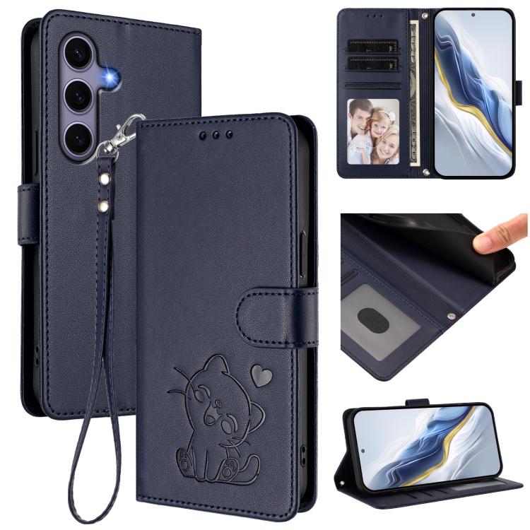 Custodia per telefono in pelle con ciondolo a forma di gatto e cuore in rilievo, completa di cinturino da polso., For Samsung Galaxy S25 / S24 5G, For Samsung Galaxy S25+ / S24+ 5G