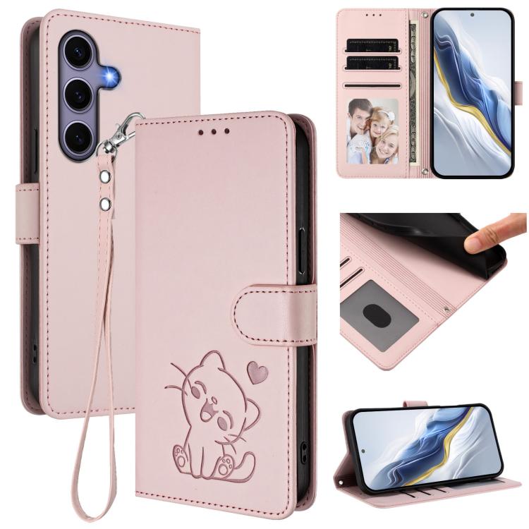 Custodia per telefono in pelle con ciondolo a forma di gatto e cuore in rilievo, completa di cinturino da polso., For Samsung Galaxy S25 / S24 5G, For Samsung Galaxy S25+ / S24+ 5G
