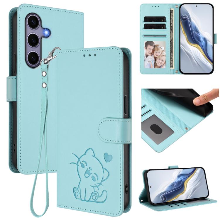 Custodia per telefono in pelle con ciondolo a forma di gatto e cuore in rilievo, completa di cinturino da polso., For Samsung Galaxy S25 / S24 5G, For Samsung Galaxy S25+ / S24+ 5G