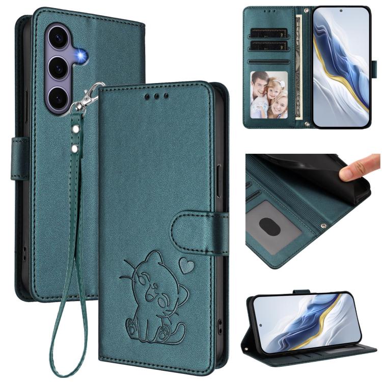Custodia per telefono in pelle con ciondolo a forma di gatto e cuore in rilievo, completa di cinturino da polso., For Samsung Galaxy S25 / S24 5G, For Samsung Galaxy S25+ / S24+ 5G