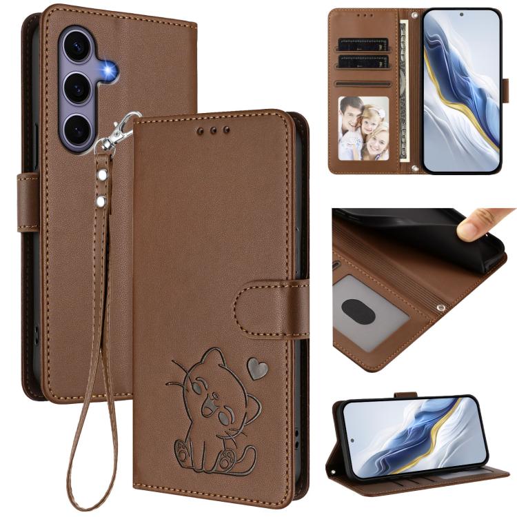 Custodia per telefono in pelle con ciondolo a forma di gatto e cuore in rilievo, completa di cinturino da polso., For Samsung Galaxy S25 / S24 5G, For Samsung Galaxy S25+ / S24+ 5G