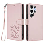 Custodia per telefono in pelle con ciondolo a forma di gatto e cuore in rilievo, completa di cinturino da polso., For Samsung Galaxy S25 Ultra 5G, For Samsung Galaxy S24 FE 5G
