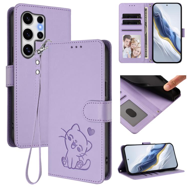 Custodia per telefono in pelle con ciondolo a forma di gatto e cuore in rilievo, completa di cinturino da polso., For Samsung Galaxy S25 Ultra 5G, For Samsung Galaxy S24 FE 5G