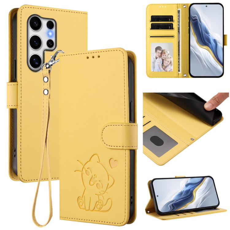 Custodia per telefono in pelle con ciondolo a forma di gatto e cuore in rilievo, completa di cinturino da polso., For Samsung Galaxy S25 Ultra 5G, For Samsung Galaxy S24 FE 5G