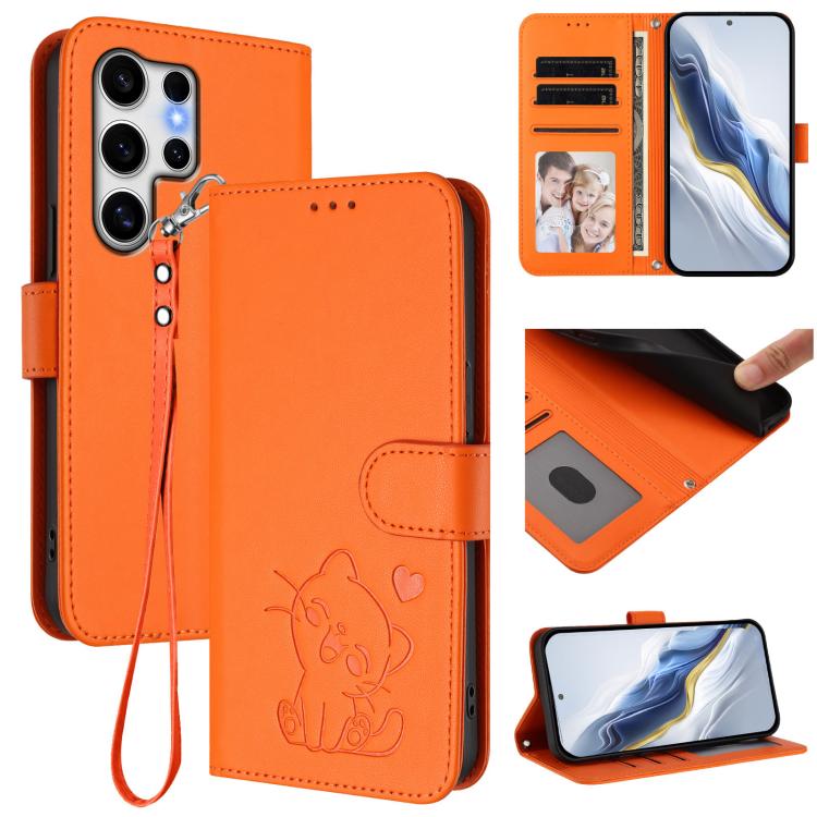 Custodia per telefono in pelle con ciondolo a forma di gatto e cuore in rilievo, completa di cinturino da polso., For Samsung Galaxy S25 Ultra 5G, For Samsung Galaxy S24 FE 5G
