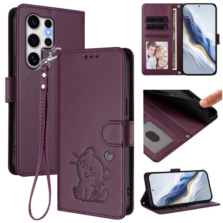 Custodia per telefono in pelle con ciondolo a forma di gatto e cuore in rilievo, completa di cinturino da polso., For Samsung Galaxy S25 Ultra 5G, For Samsung Galaxy S24 FE 5G