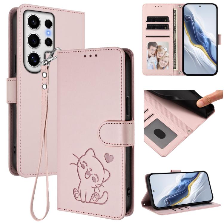 Custodia per telefono in pelle con ciondolo a forma di gatto e cuore in rilievo, completa di cinturino da polso., For Samsung Galaxy S24 Ultra 5G, For Samsung Galaxy S23 FE 5G