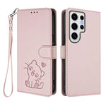 Custodia per telefono in pelle con ciondolo a forma di gatto e cuore in rilievo, completa di cinturino da polso., For Samsung Galaxy S24 Ultra 5G, For Samsung Galaxy S23 FE 5G