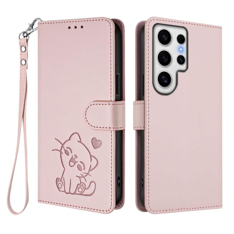 Custodia per telefono in pelle con ciondolo a forma di gatto e cuore in rilievo, completa di cinturino da polso., For Samsung Galaxy S24 Ultra 5G, For Samsung Galaxy S23 FE 5G