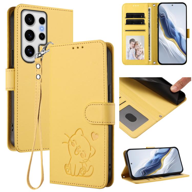Custodia per telefono in pelle con ciondolo a forma di gatto e cuore in rilievo, completa di cinturino da polso., For Samsung Galaxy S24 Ultra 5G, For Samsung Galaxy S23 FE 5G