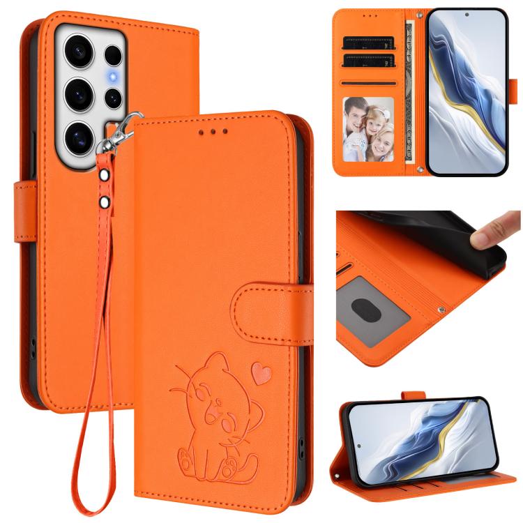 Custodia per telefono in pelle con ciondolo a forma di gatto e cuore in rilievo, completa di cinturino da polso., For Samsung Galaxy S24 Ultra 5G, For Samsung Galaxy S23 FE 5G