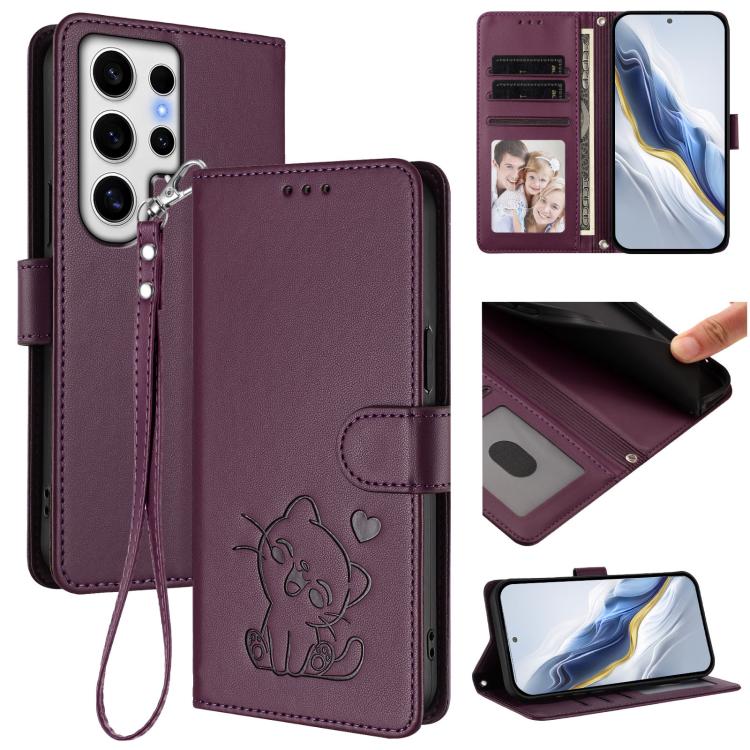 Custodia per telefono in pelle con ciondolo a forma di gatto e cuore in rilievo, completa di cinturino da polso., For Samsung Galaxy S24 Ultra 5G, For Samsung Galaxy S23 FE 5G