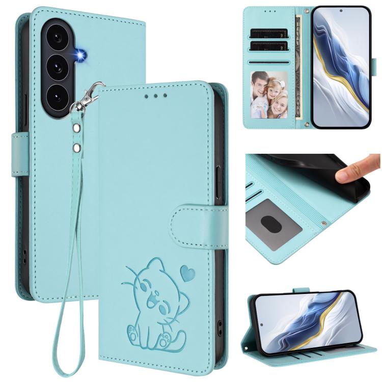 Custodia per telefono in pelle con ciondolo a forma di gatto e cuore in rilievo, completa di cinturino da polso., For Samsung Galaxy S25 FE 5G, For Samsung Galaxy S25 Edge 5G