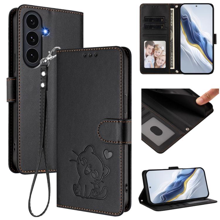 Custodia per telefono in pelle con ciondolo a forma di gatto e cuore in rilievo, completa di cinturino da polso., For Samsung Galaxy S25 FE 5G, For Samsung Galaxy S25 Edge 5G