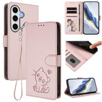 Custodia per telefono in pelle con ciondolo a forma di gatto e cuore in rilievo, completa di cinturino da polso., For Samsung Galaxy S25 Ultra 5G, For Samsung Galaxy S24 FE 5G