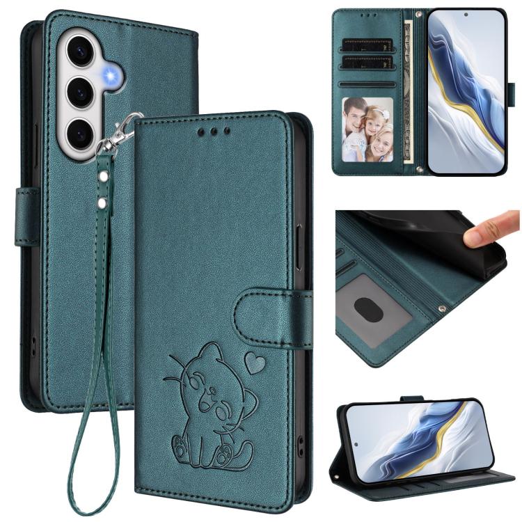 Custodia per telefono in pelle con ciondolo a forma di gatto e cuore in rilievo, completa di cinturino da polso., For Samsung Galaxy S25 Ultra 5G, For Samsung Galaxy S24 FE 5G