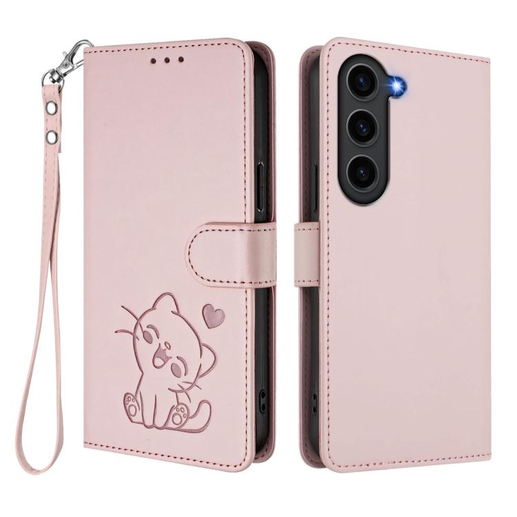 Custodia per telefono in pelle con ciondolo a forma di gatto e cuore in rilievo, completa di cinturino da polso., For Samsung Galaxy S23 5G, For Samsung Galaxy S20 FE