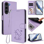 Custodia per telefono in pelle con ciondolo a forma di gatto e cuore in rilievo, completa di cinturino da polso., For Samsung Galaxy S23 5G, For Samsung Galaxy S20 FE