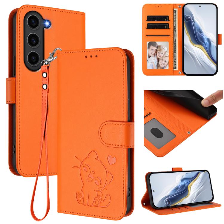Custodia per telefono in pelle con ciondolo a forma di gatto e cuore in rilievo, completa di cinturino da polso., For Samsung Galaxy S23 5G, For Samsung Galaxy S20 FE