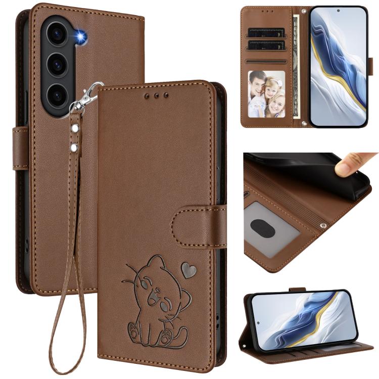 Custodia per telefono in pelle con ciondolo a forma di gatto e cuore in rilievo, completa di cinturino da polso., For Samsung Galaxy S23 5G, For Samsung Galaxy S20 FE