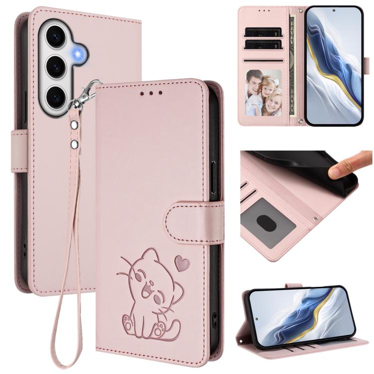 Custodia per telefono in pelle con ciondolo a forma di gatto e cuore in rilievo, completa di cinturino da polso., For Samsung Galaxy S24 Ultra 5G, For Samsung Galaxy S23 FE 5G