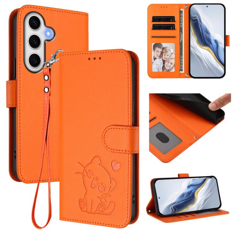 Custodia per telefono in pelle con ciondolo a forma di gatto e cuore in rilievo, completa di cinturino da polso., For Samsung Galaxy S24 Ultra 5G, For Samsung Galaxy S23 FE 5G